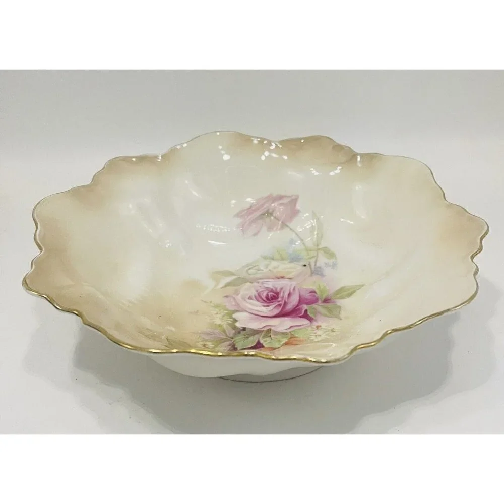 Vintage RS Germany Floral Bowl 9” Roses Enamel Handpainted Scalloped Gold Trim